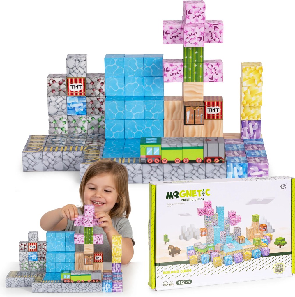MULTISTORE Magnetické kocky 112 dielov pre deti 3+ – farebná magnetická stavebnica