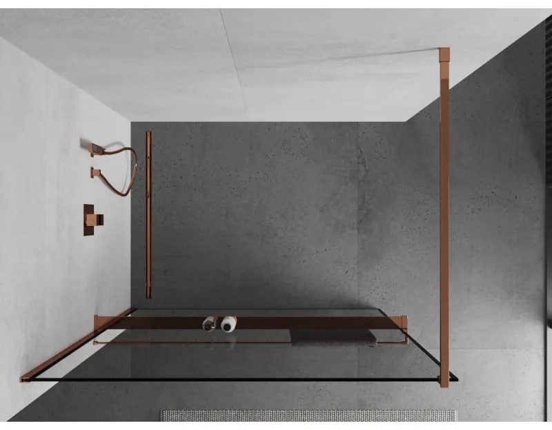 Mexen Kioto, sprchová zástena s poličkou a držiakom na uteráky 140 x 200 cm, 8mm číre sklo s čiernym rámom, profil ružové zlato, 800-140-121-60-70