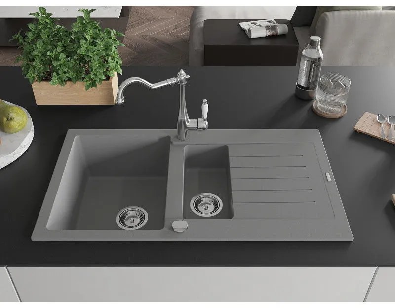 Mexen Matias, granitový drez 900x505x200 mm, 1,5-komorový a drezová batéria Carla, šedá, 6502-71-670700-00