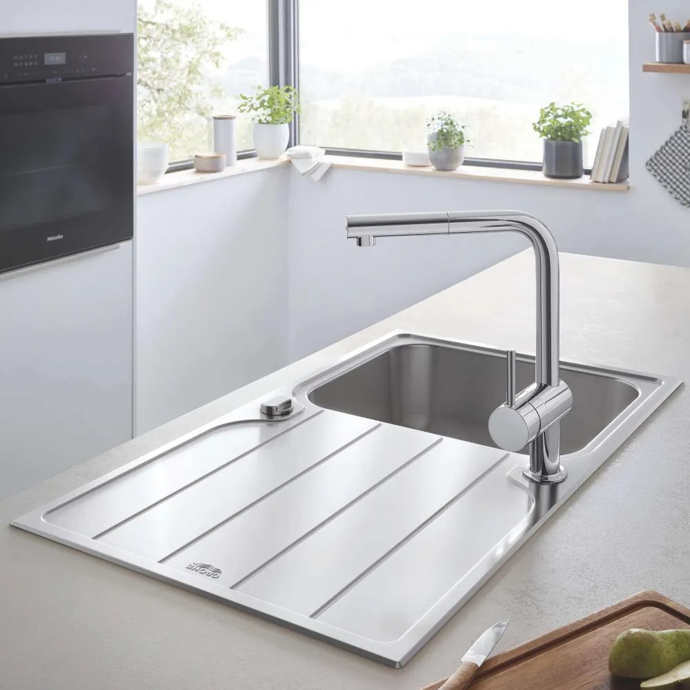 GROHE K500 nerezový drez s odkvapávacou plochou, s excentrom, obojstranný, horná montáž, 860 x 500 mm, kartáčovaná nerezová oceľ, 31571SD1