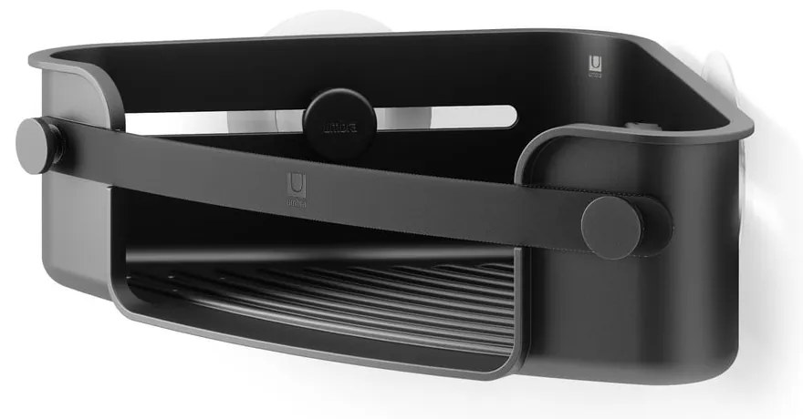 Čierna rohová plastová kúpeľňová polička bez vŕtania Flex Adhesive – Umbra