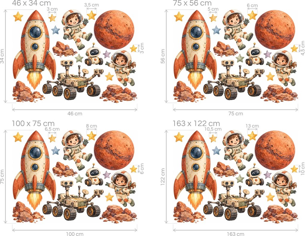 Misia na červenú planétu akvarelové nálepky na stenu pre malých astronautov arch 46 x 34 cm