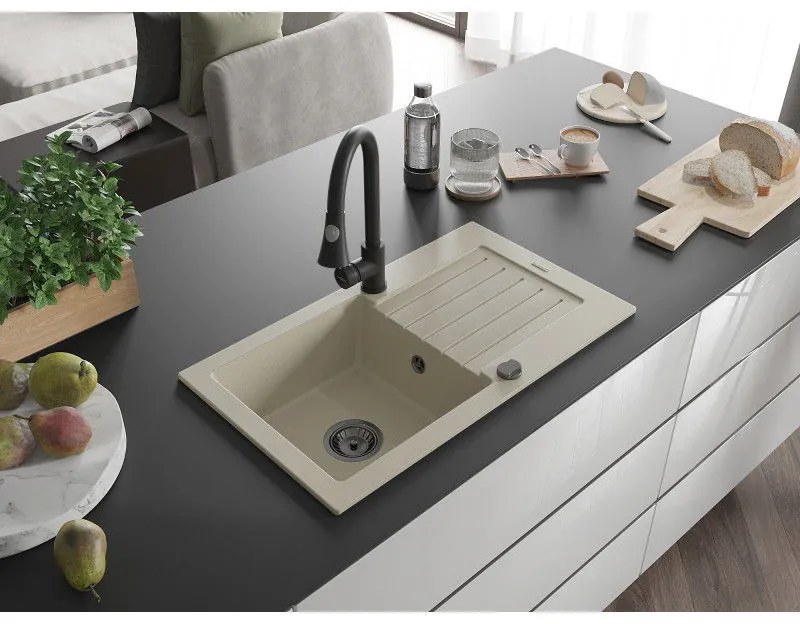 Mexen Pablo, 1-komorový granitový drez 752x436x161 mm a drezová batéria Elia, béžová, 6510-69-670101-70