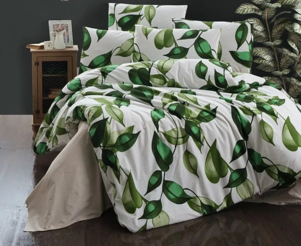 Brotex Predĺžené obliečky krep 140x220, 70x90cm Leaves green zips