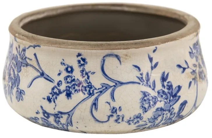 Nízky keramický obal na kvetináč s modrými kvetmi Saten - Ø 21*8 cm