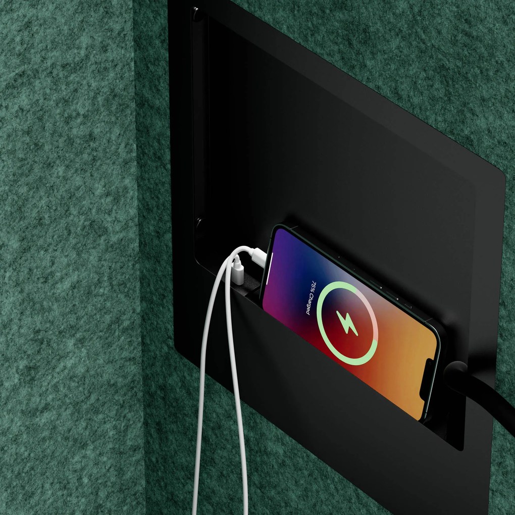 Kancelárska akustická kabína so sedadlom a portom USB-C, telo v čierny farbe / sedadlo v zelenej farbe, 600 mm: SALLY MentalBox
