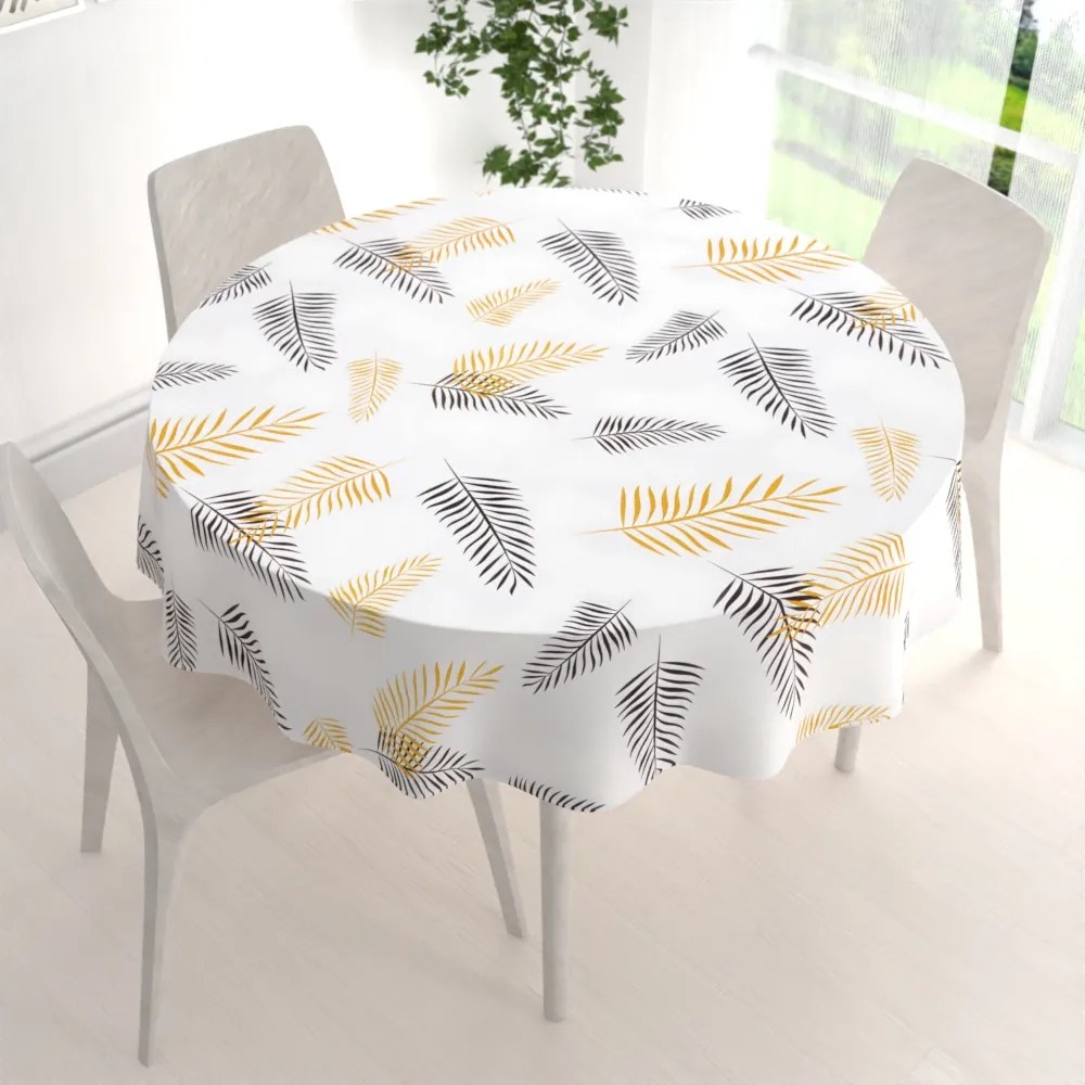 Biante Bavlnený okrúhly obrus Sandra SA-219 Zlaté a čierne palmové listy na bielom Ø 140 cm