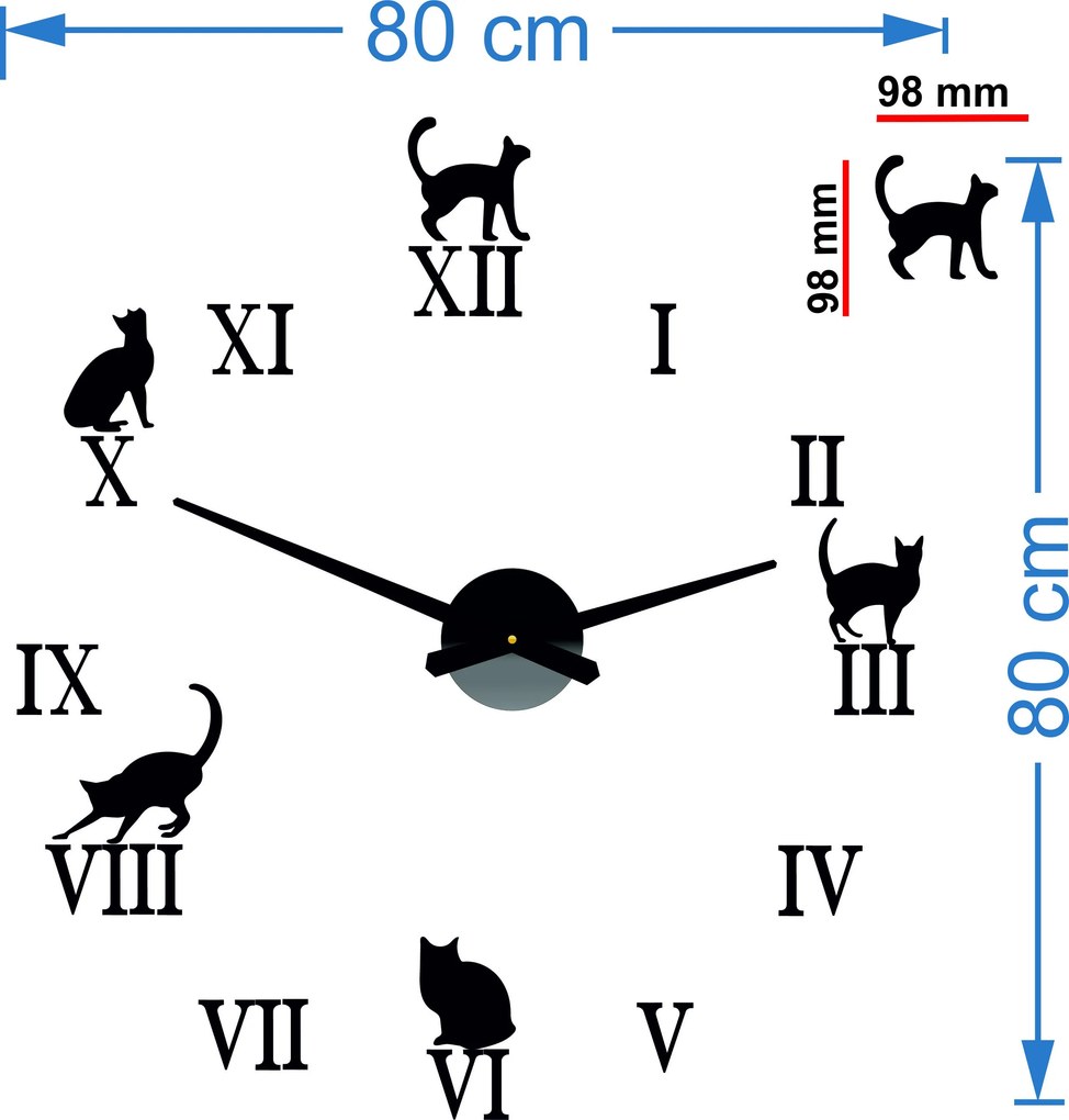 Nalepovacie hodiny na stenu mačky - DIY CAFORD: Čierna Ral 9005 Čierne ručičky 80 cm 3707-33361 12P020 2D CLOCK HEU-