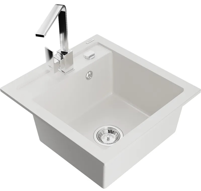Mexen Vito, 1-komorový granitový drez 520x490x210 mm, chrómová batéria Rita, biela, 6503-20-670300-00