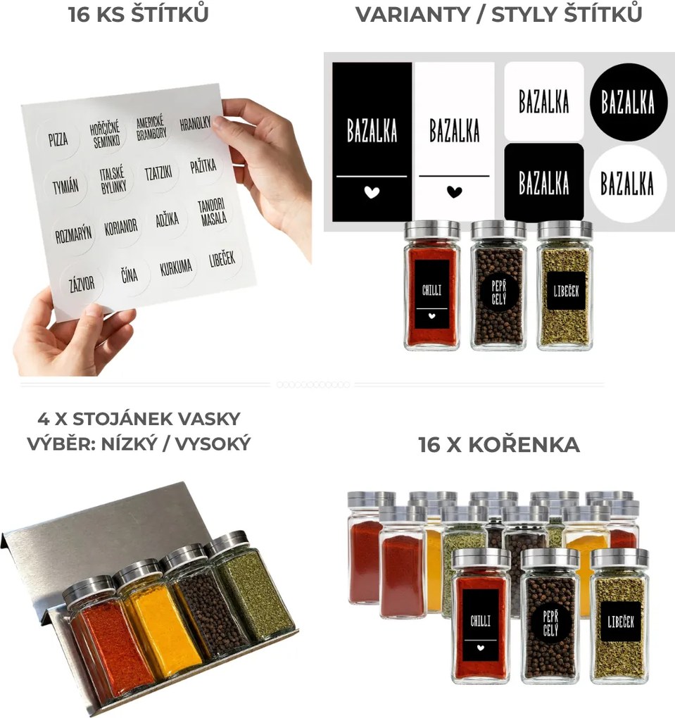 usporadejto.cz Sada 16ks kořenek DUST 120ml + 4ks organizér na kořenky VASKY - NEREZ + sada 16ks štítků
