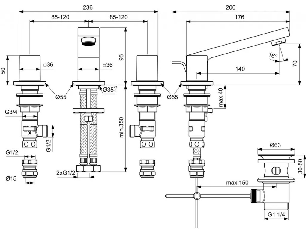 Ideal Standard Extra - Umývadlová 3-otvorová batéria s odtokovou garnitúrou, chróm BD508AA