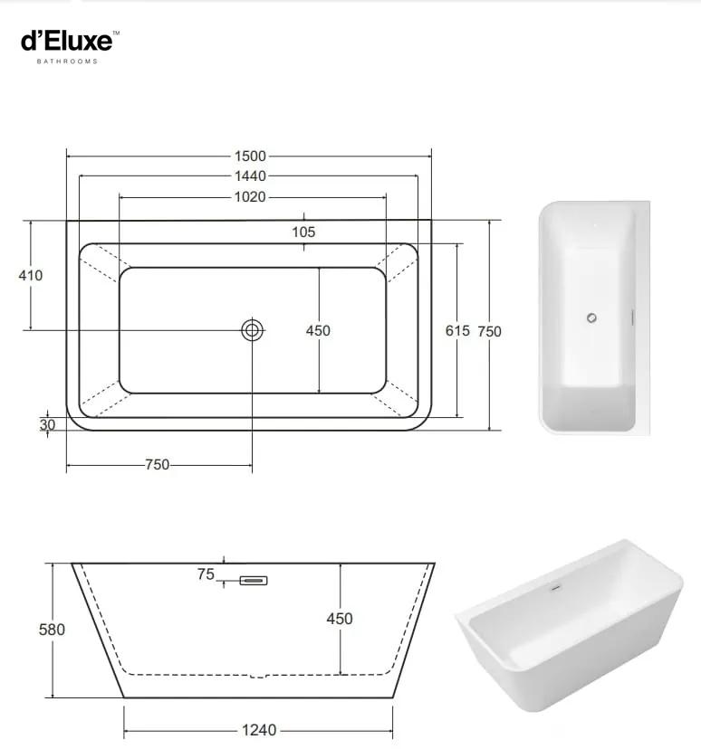 D‘Eluxe - VANE - Voľne stojaca akrylátová vaňa RELAX VYR15 xcm - Biela Voľne stojaca vaňa biela 150 75 58 150x75x58