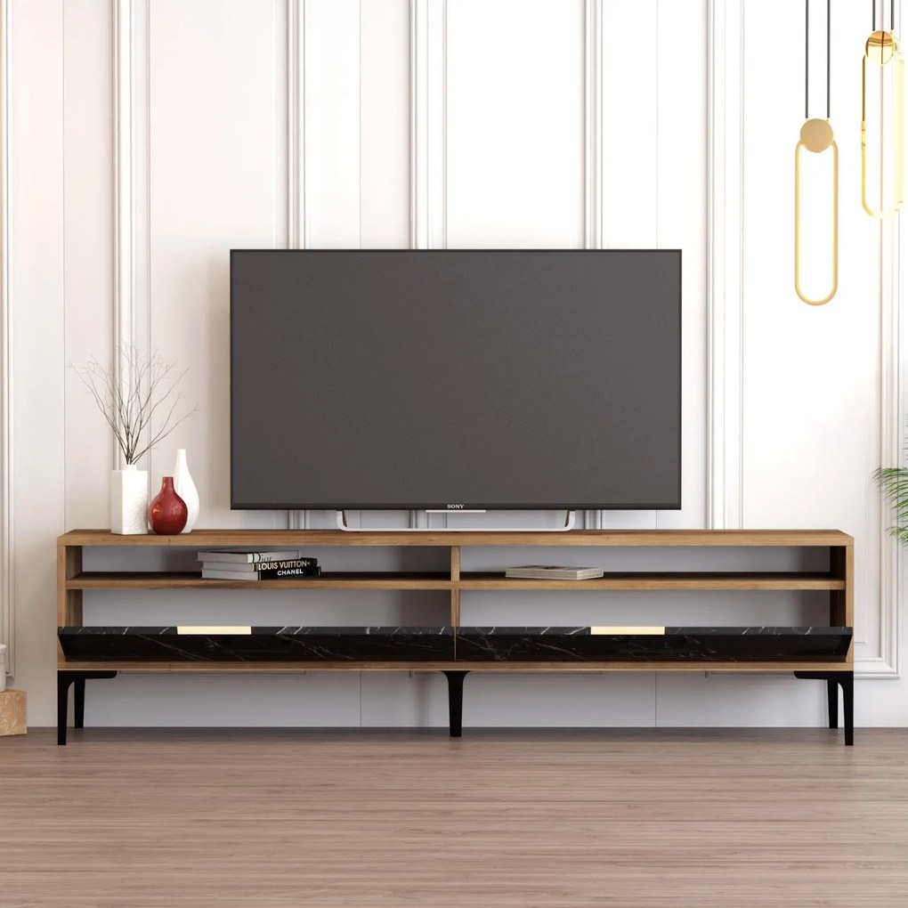TV stolík/skrinka Irma 2 (orech + čierny mramor). Akcia -12%. Vlastná spoľahlivá doprava až k Vám domov. 1088904