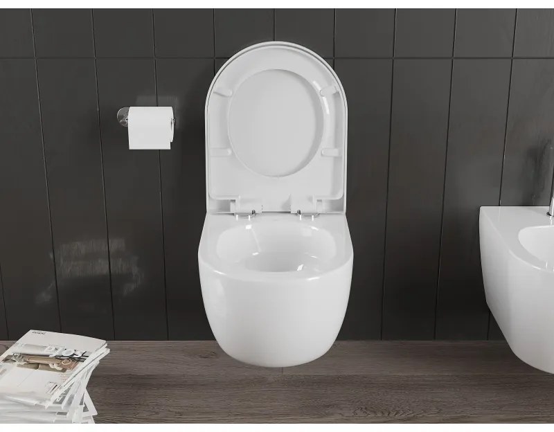 Mexen Carmen, závesná WC misa 490x365x340 mm, Rimless Tornádo + WC sedadlo z duroplastu, biela lesklá, 30880200T