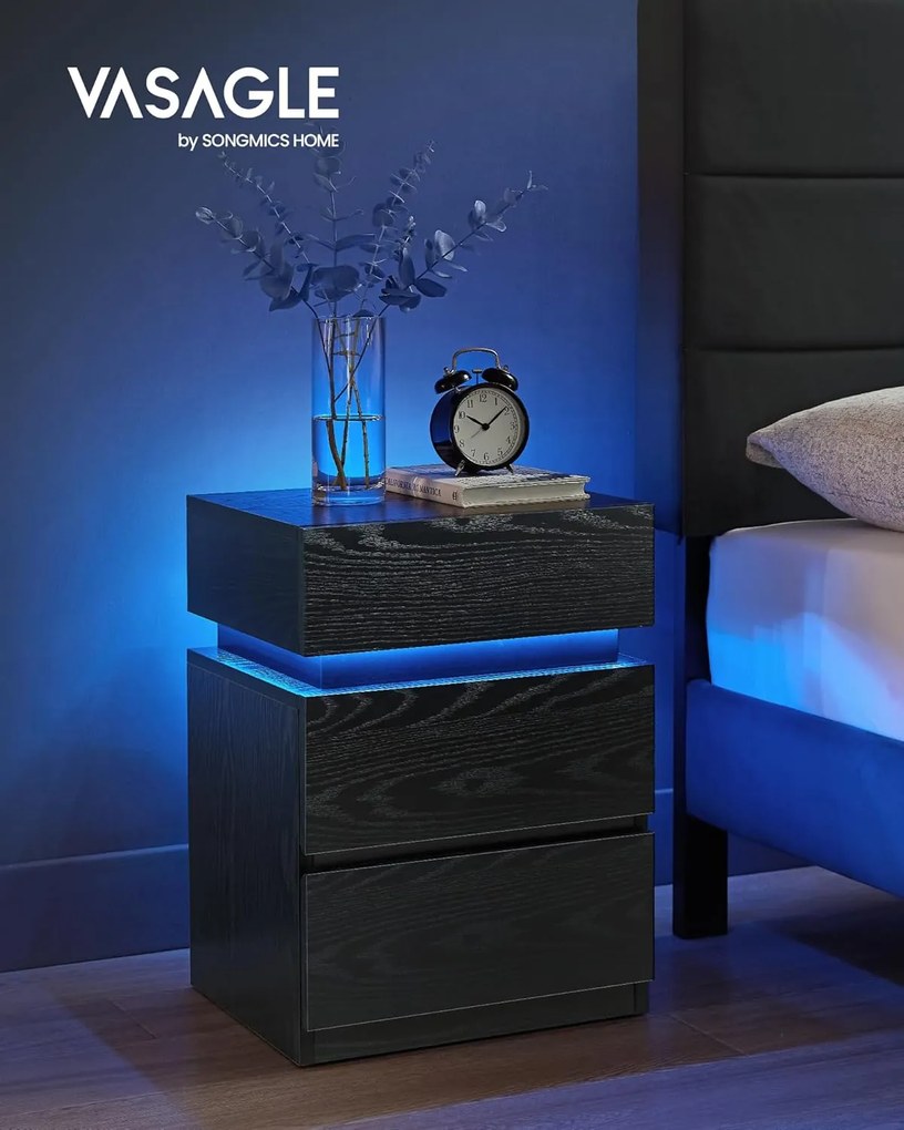 Nočný stolík s viacfarebným nastaviteľným LED pásikom, 3 zásuvky, čierny