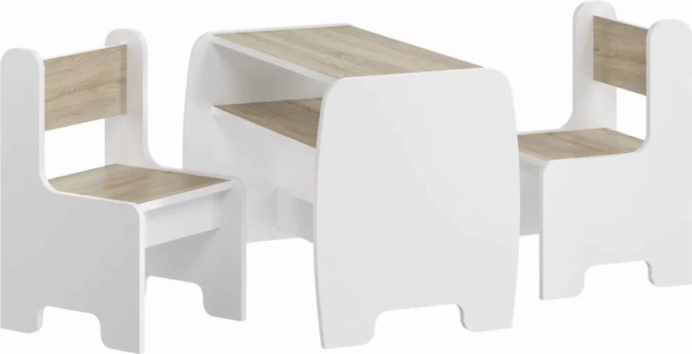 Detský set stolík a 2 stoličky s úložnou policou - sonoma + biela