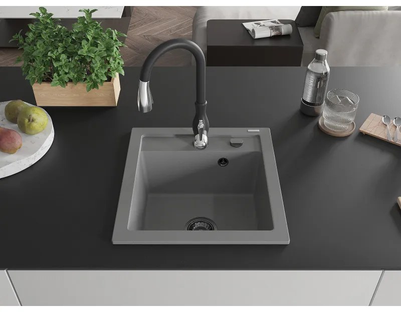 Mexen Vito, 1-komorový granitový drez 520x490x210 mm a drezová batéria Savita, šedá, 6503-71-672601-70-B