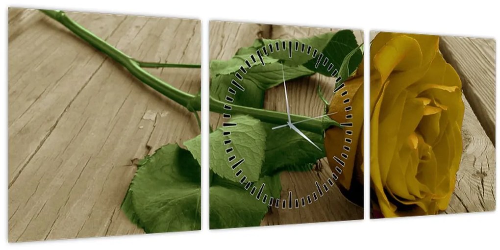 Obraz - Žltá ruža vintage (s hodinami) (90x30 cm)