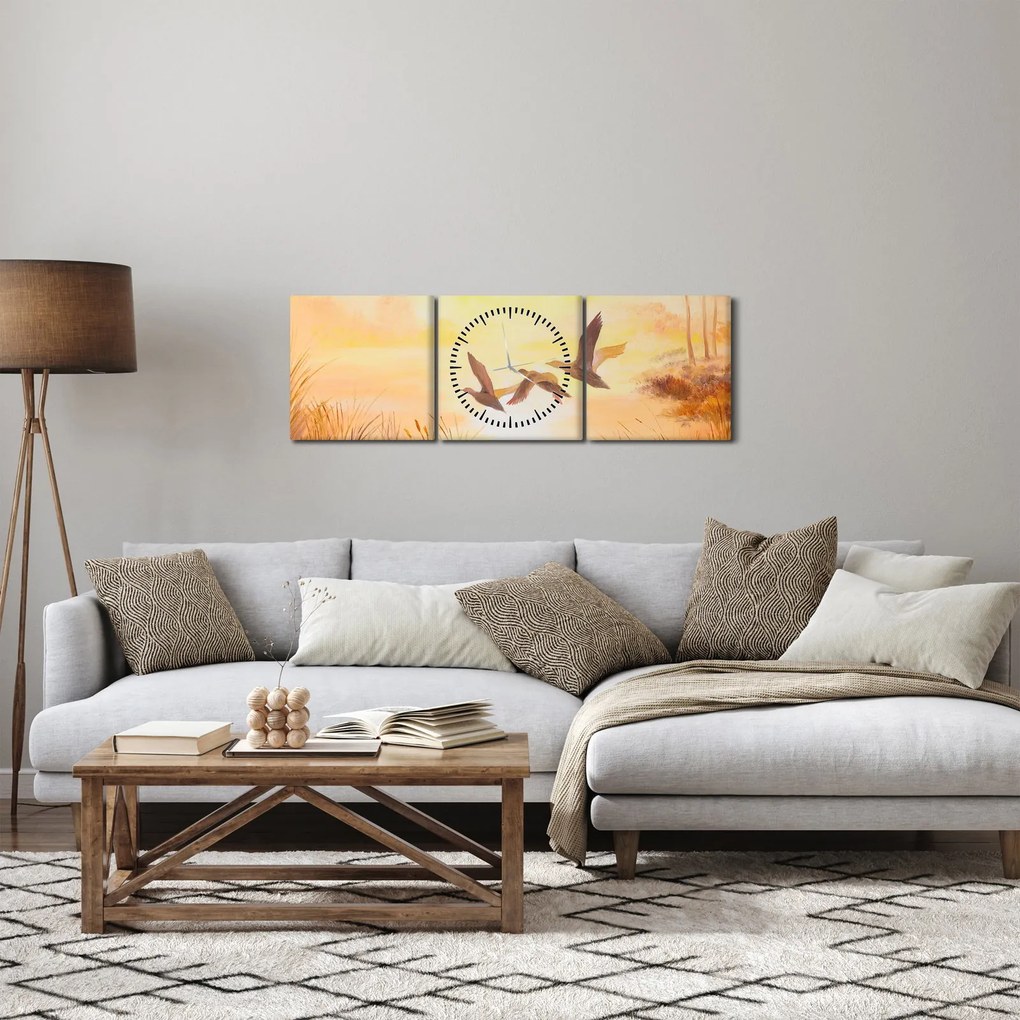 Obraz - Žeriavy pri západe slnka (s hodinami) (90x30 cm)