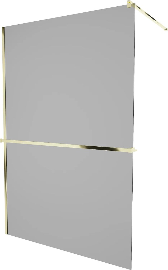 Mexen Kioto+, sprchová zástena s poličkou a držiakom na uteráky 140 x 200 cm, 8mm šedé sklo, zlatý profil, 800-140-121-50-40