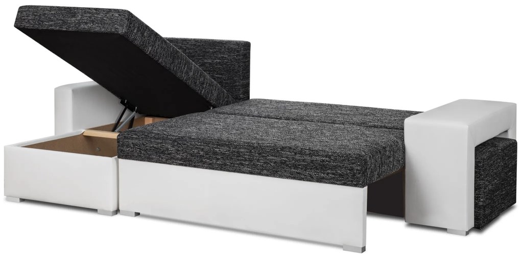 MEGA AKCE Rozkládací rohová sedací souprava HUBI + 2 Taburety Šedá/Černá