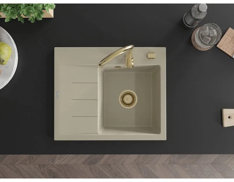 Mexen Ben, 1-komorový granitový drez 600x500x190 mm, pravý + zlatý sifón, béžová, 6523605000-69-G