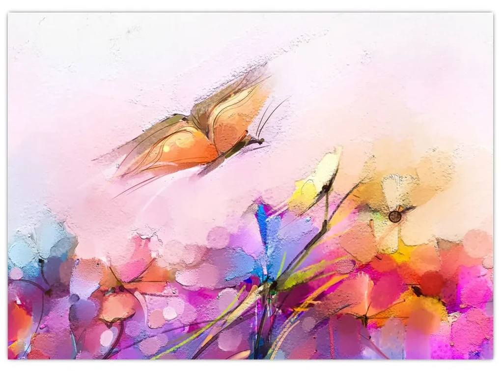 Sklenený obraz - Motýľ nad kvetinou, abstrakcia (70x50 cm)