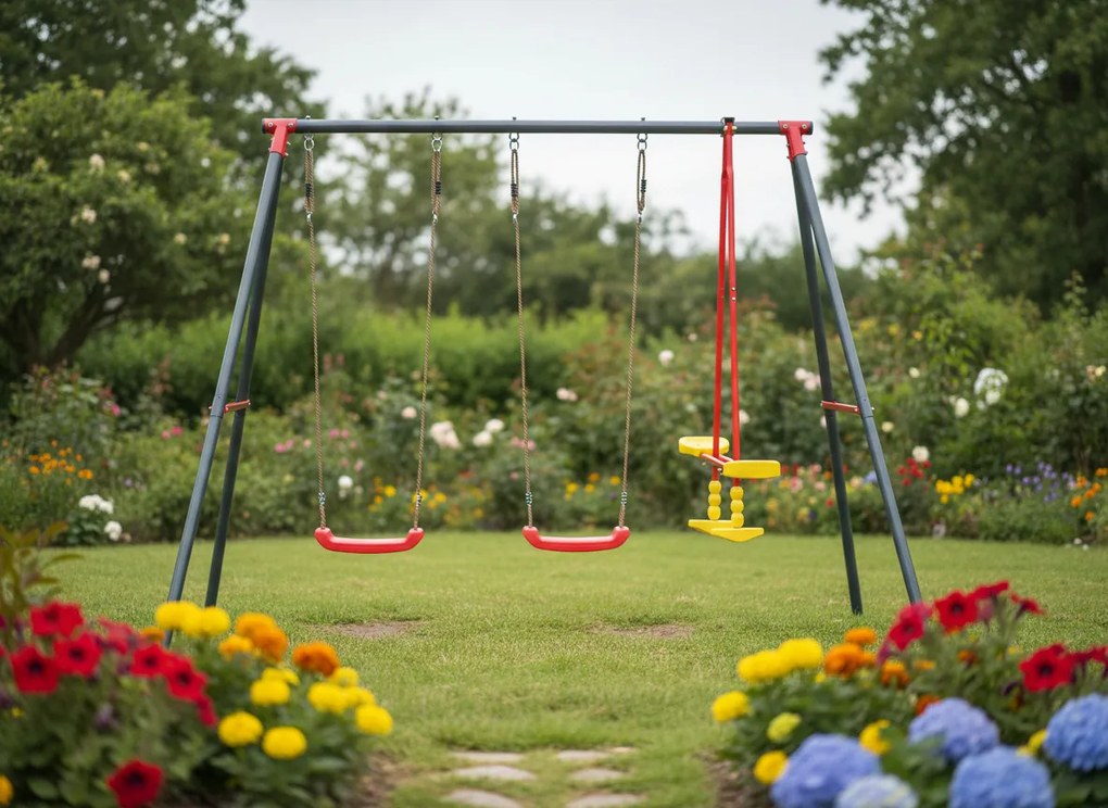 GARDEN LINE Záhradná hojdačka (kovový rám + 2 hojdačky + hojdacie koleso) 290 × 180 × 200 cm | KRE1067