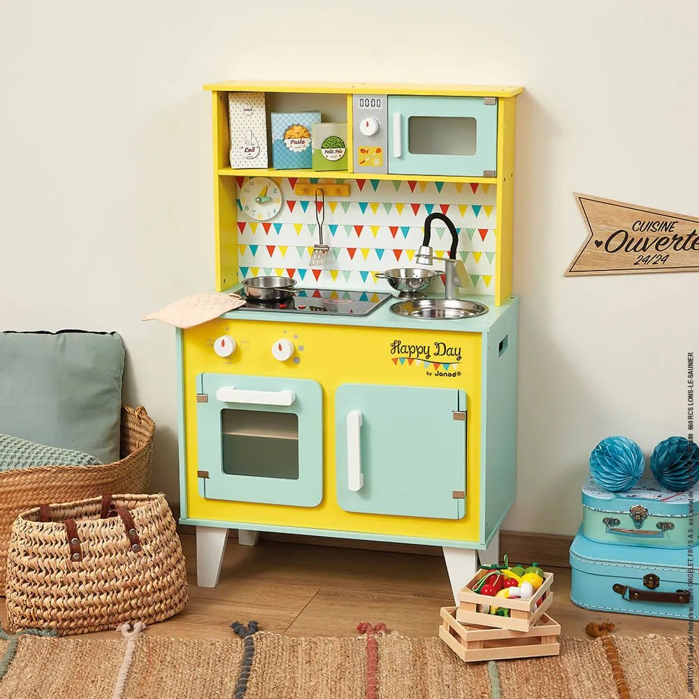 Veľká drevená kuchynka Happy Day žltá zelená