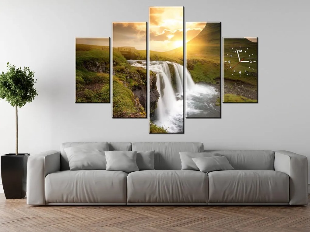 Gario Obraz s hodinami Islandská krajina - 5 dielny Rozmery: 150 x 105 cm