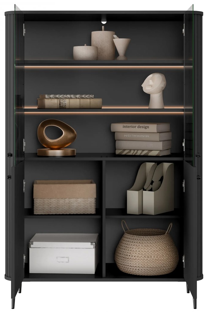 Vitrína Vesper 103 cm štvordverová - čierna / čierne nohy