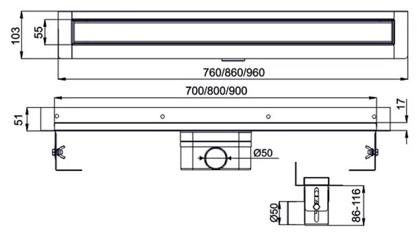 Mereo, Sprchový set: zasúvacie trojdielne sprchové dvere 90x190, 6mm Point sklo, chrómový profil a sprchovací žľab k stene vr. roštu, MER-CK80622KZ