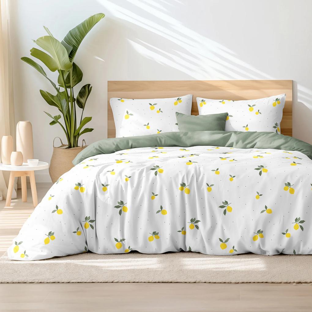 Goldea bavlnené posteľné obliečky duo - citróny s šalvejovo zelenou 140 x 200 a 70 x 90 cm