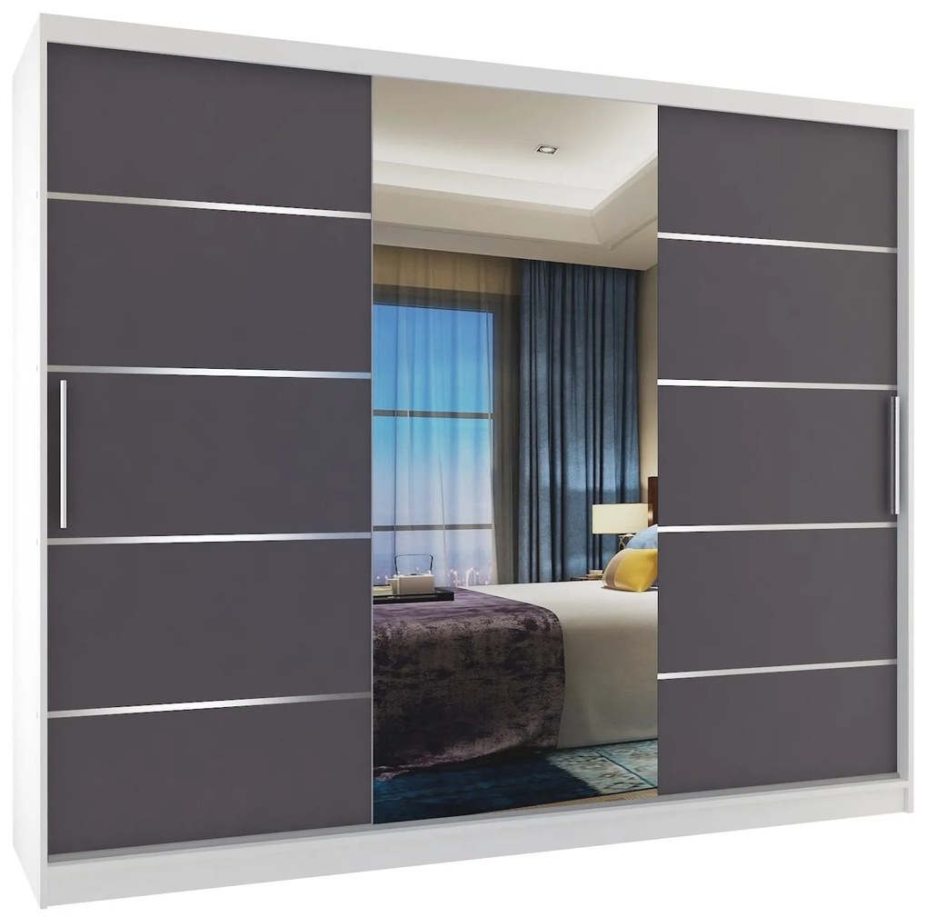 Šatníková skriňa 232 cm Belini biely mat / šedý mat s posunými dverami zrkadlom a zásuvkami  MBP SZP8/0/1W/2SR1L/0/KLAL