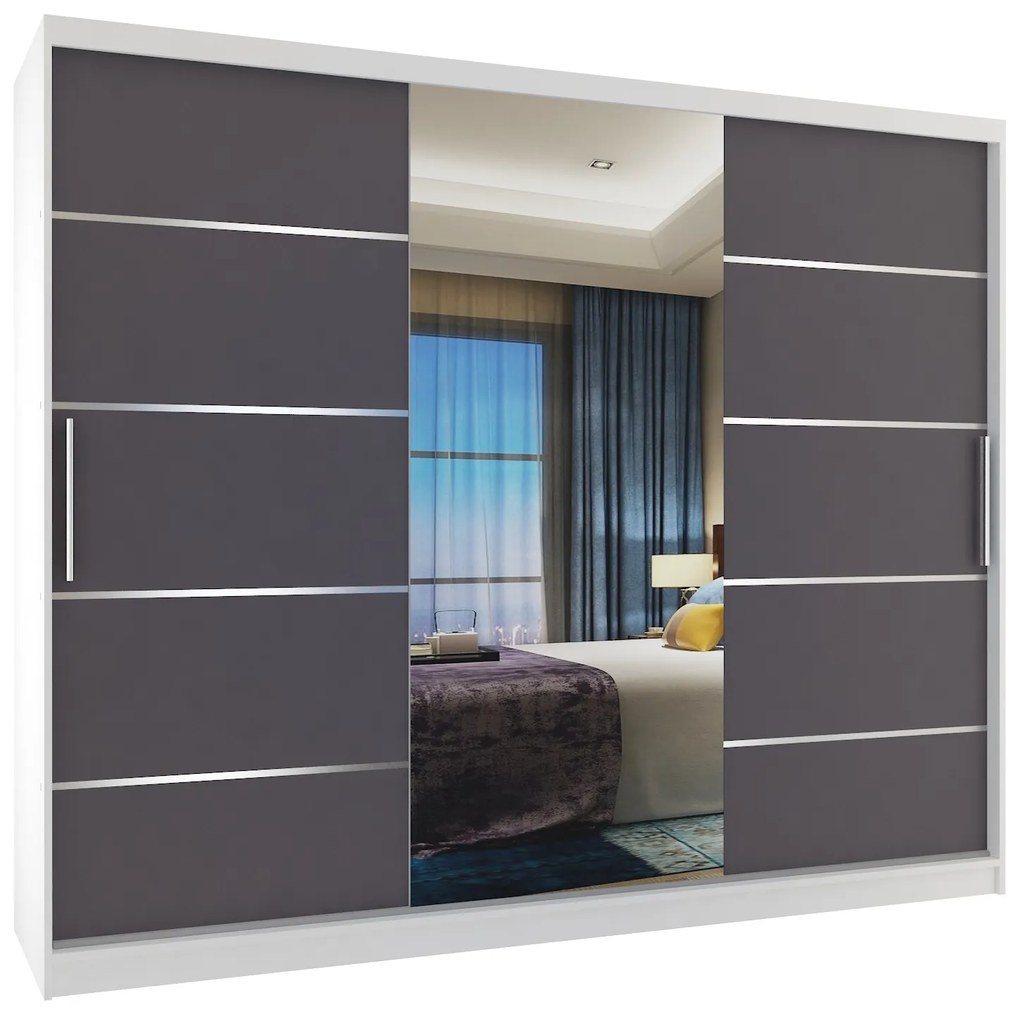 Šatníková skriňa 232 cm Belini biely mat / šedý mat s posuvnými dverami zrkadlom a zásuvkami  MBP SZP8/0/1W/2SR1L/0/KLAL