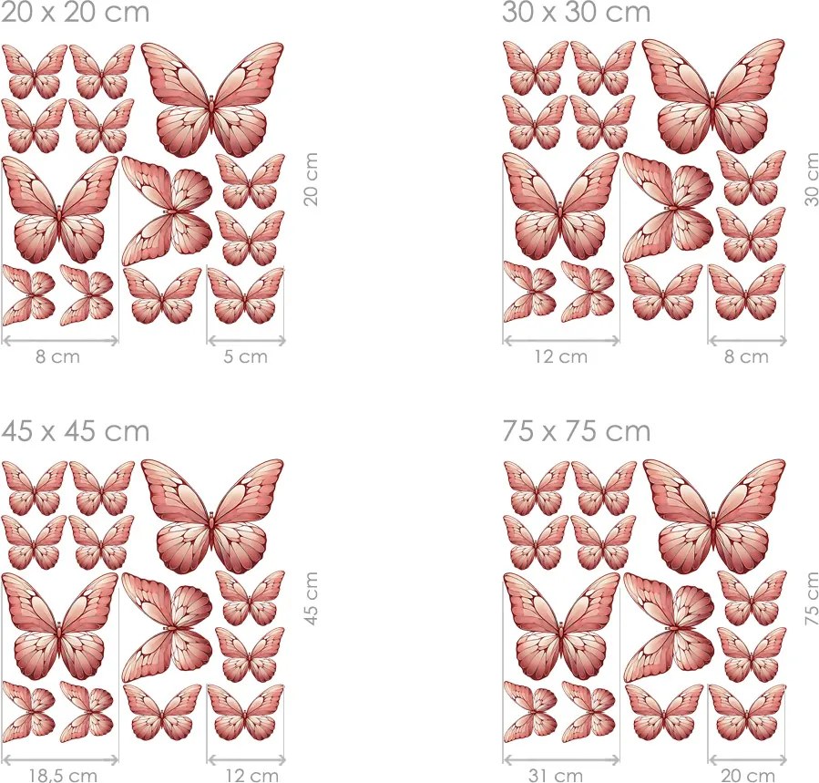 Motýle svetlo červení 13 ks textilní prelepiteľné nálepky na stenu list 30 x 30 cm
