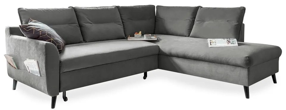 Svetlosivá zamatová rozkladacia rohová pohovka Miuform Stylish Stan L, pravý roh