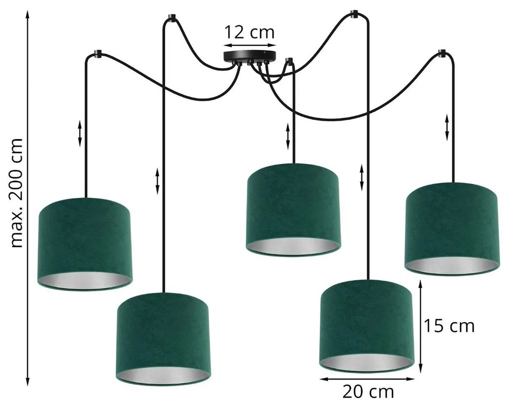 Závesné svietidlo Mediolan Spider, 5x textilné tienidlo (výber z 10 farieb), (výber z 2 farieb konštrukcie), ch