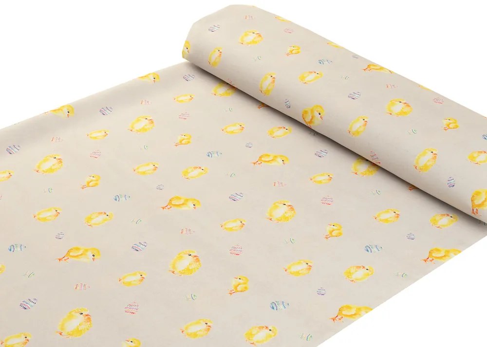 Biante Veľkonočný teflónový behúň na stôl TF-074 Kuriatka a kraslice na béžovom 20x120 cm