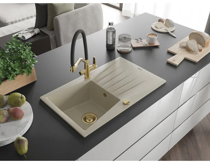 Mexen Cesar, 1-komorový granitový drez 775x470x190 mm a drezová batéria Duo, béžová, 6514-69-671701-57-G