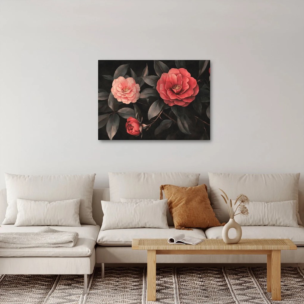Obraz - Červené kvety na tmavom pozadí (70x50 cm)