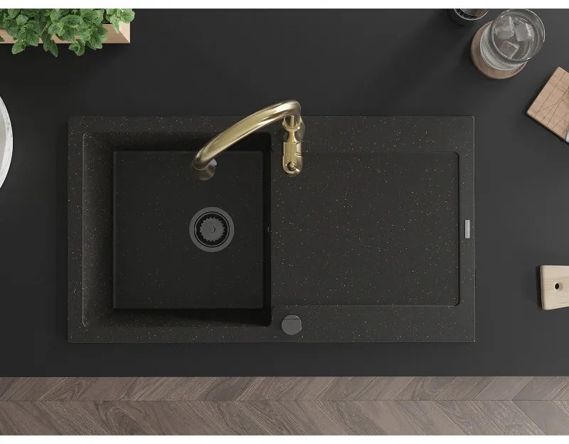 Mexen Leo, 1-komorový granitový drez 900x500x190 mm a drezová batéria Savita, čierna-zlatá metalíza, 6501-75-672601-50-B