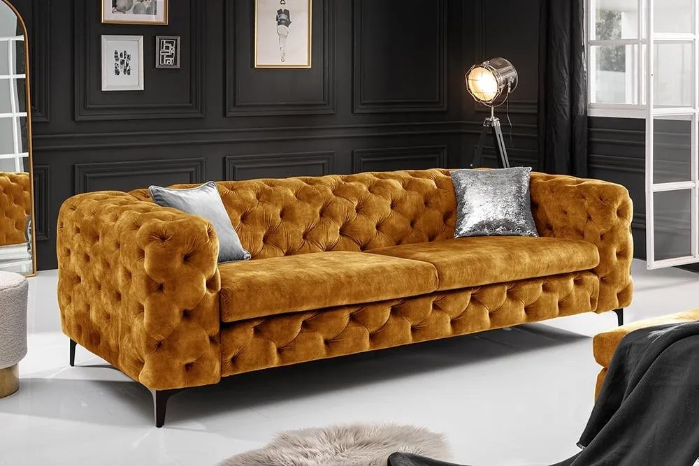 Invicta Interior - Elegantná 3-miestna pohovka Chesterfield MODERN BAROQUE 235 cm horčicovo žltá zamat