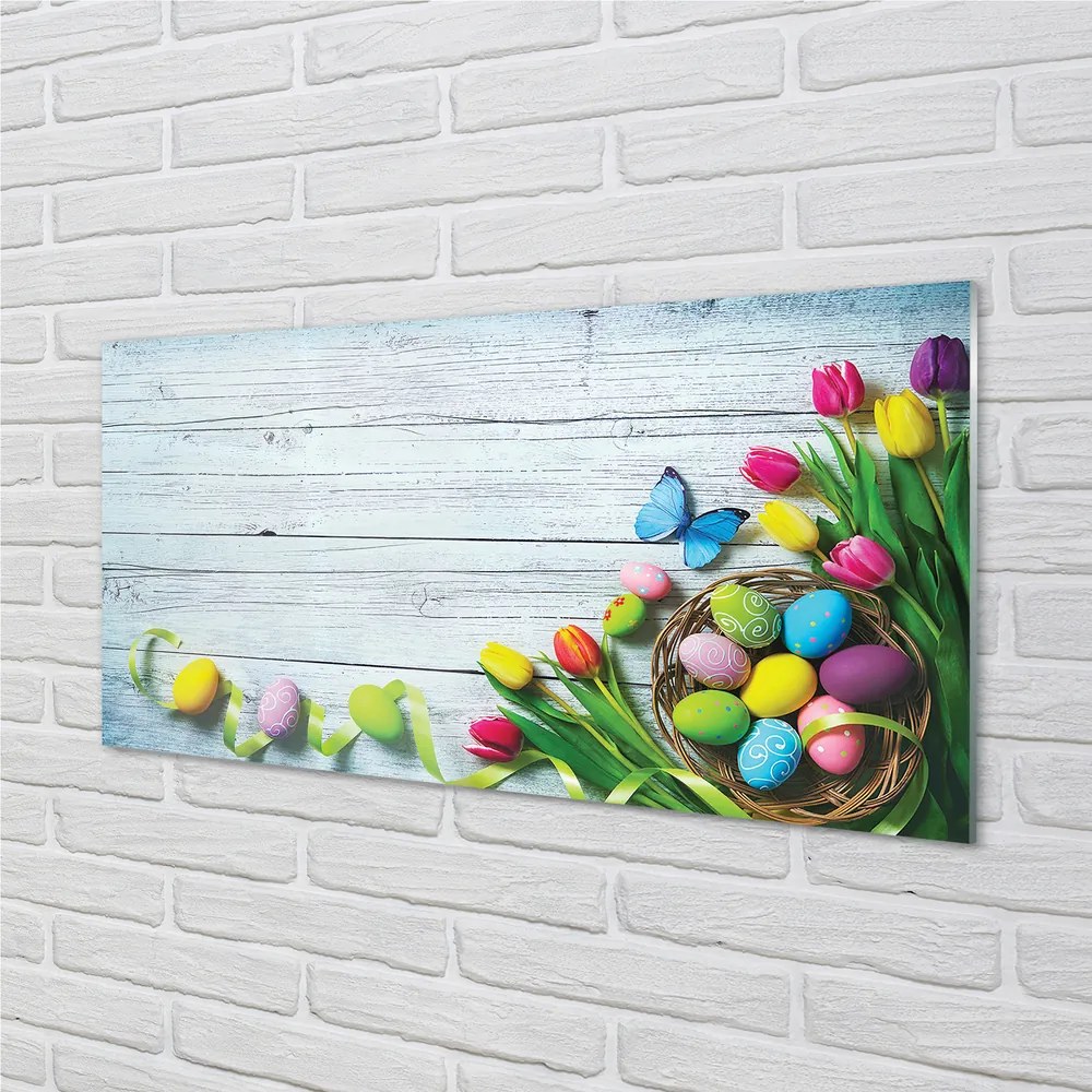 Obraz na akrylátovom skle Eggs tulipány motýľ 140x70 cm