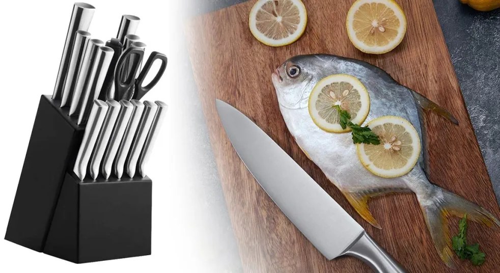 16-dielna súprava nožov z nehrdzavejúcej ocele v drevenom držiaku, s brúskou a nožnicami