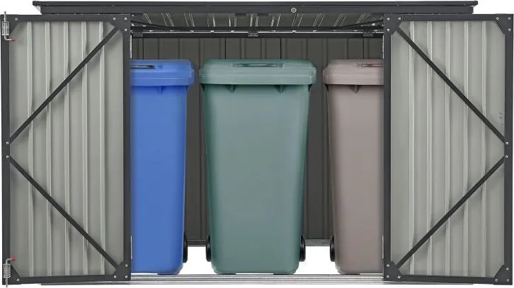 Kovový prístrešok, 3 popolnice, výklopné veko, 200×105×128cm