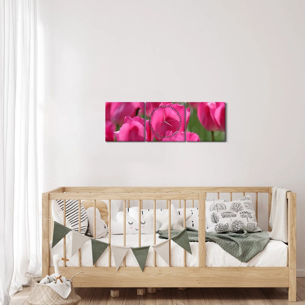 Obraz - Ružové tulipány (s hodinami) (90x30 cm)