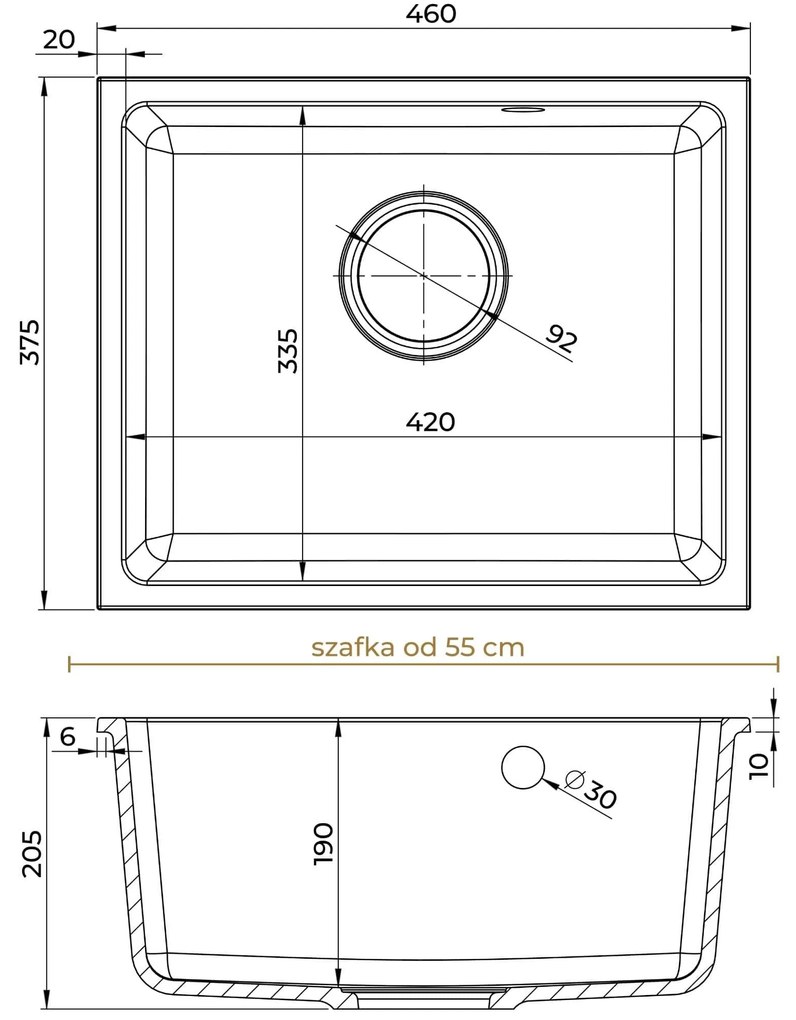 Sink Quality Crypton 55, kuchynský granitový drez 460x375x205 mm + čierny sifón, biela, SKQ-CRY.W.1KBO.55.XB