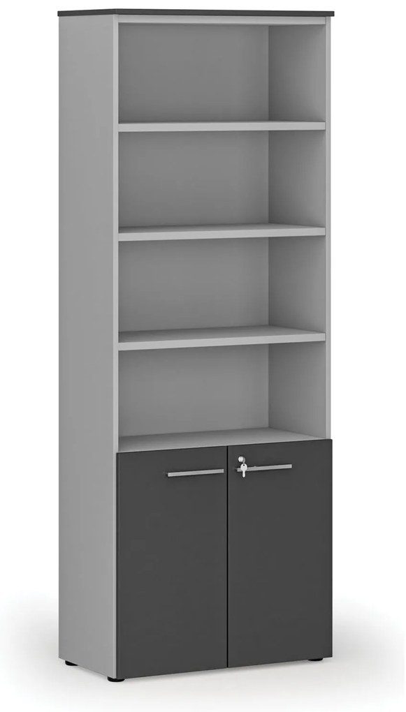 Kombinovaná kancelárska skriňa PRIMO GRAY, dvere na 2 poschodia, 800 x 420 x 2128 mm, sivá/grafit