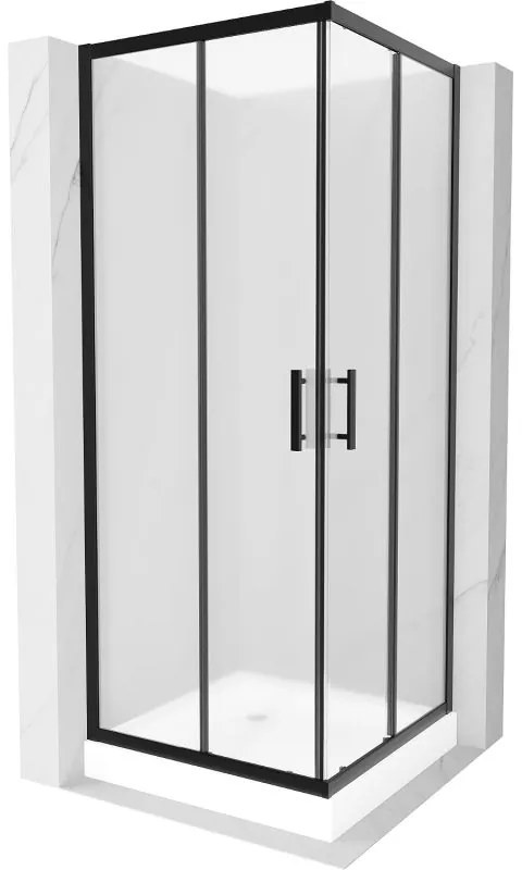 Mexen Rio, štvorcový sprchovací kút s posuvnými dverami 70(dvere) x 70(dvere) x 190 cm, 6mm sklo námraza, čierny profil + biela sprchová vanička RIO, 860-070-070-70-30-4510
